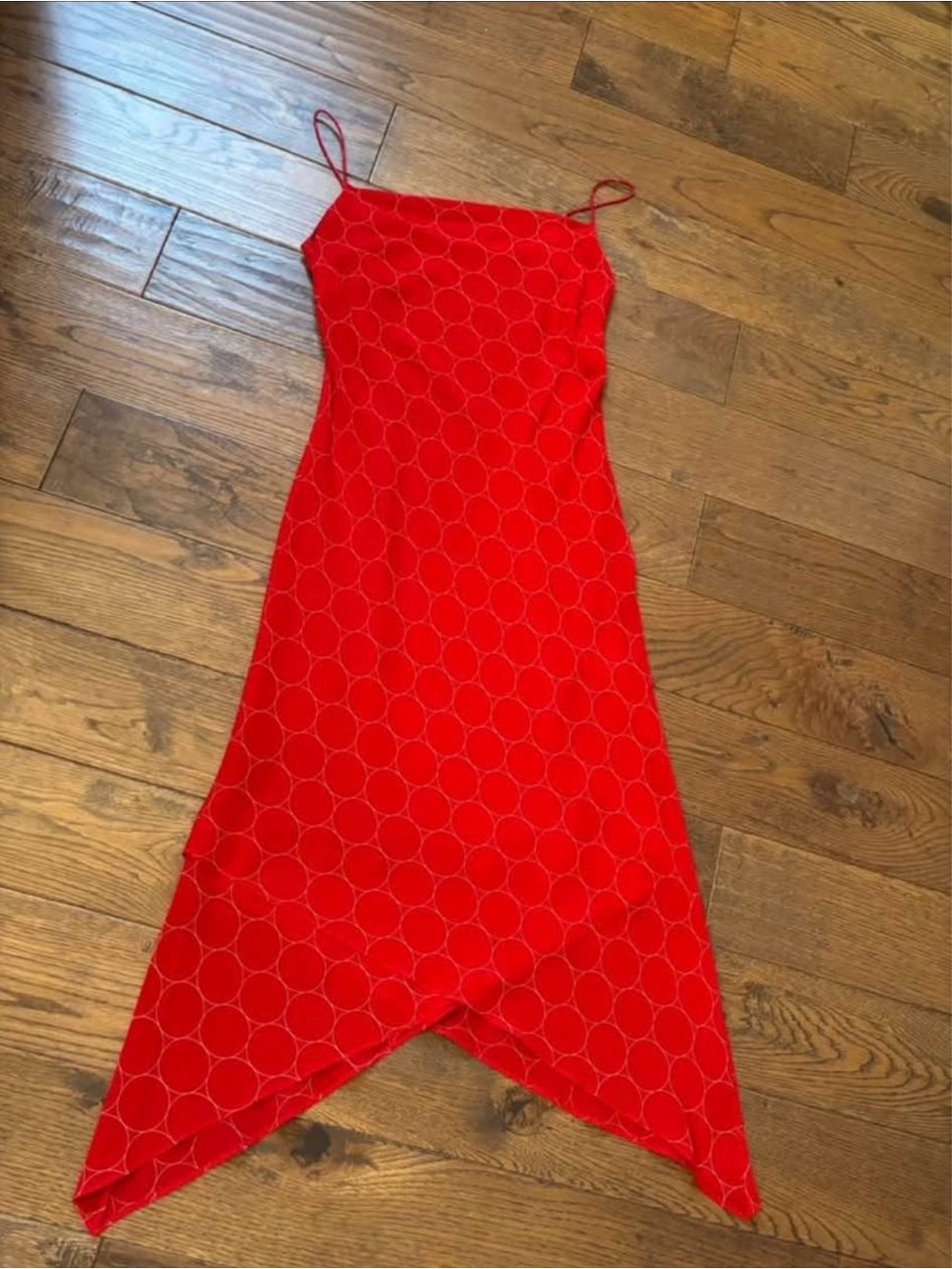 Red Asymmetrical Slip Dress with Circle Pattern